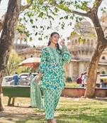 Yufta sea green floral sequins work a-line kurta salwar dupatta set