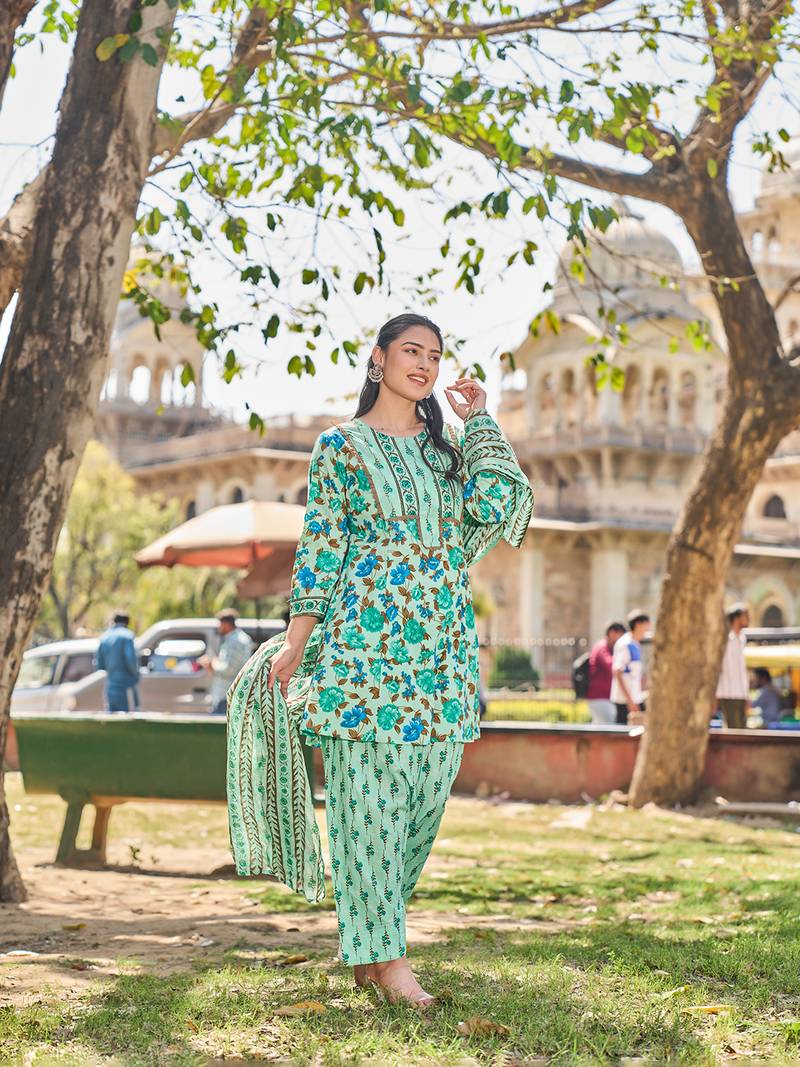 Yufta sea green floral sequins work a-line kurta salwar dupatta set