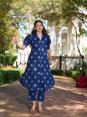 navy blue a-line one pocket kurta trouser set 5