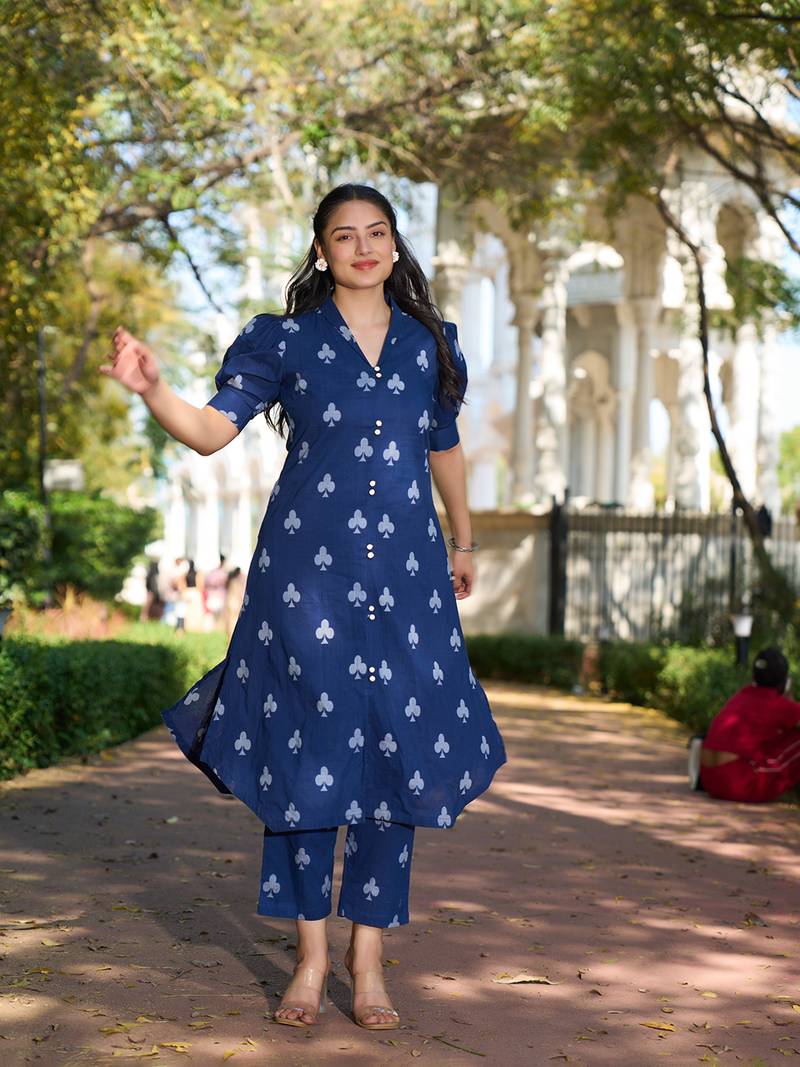 navy blue a-line one pocket kurta trouser set