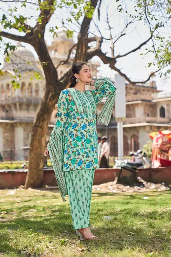 Yufta sea green floral sequins work a-line kurta salwar dupatta set
