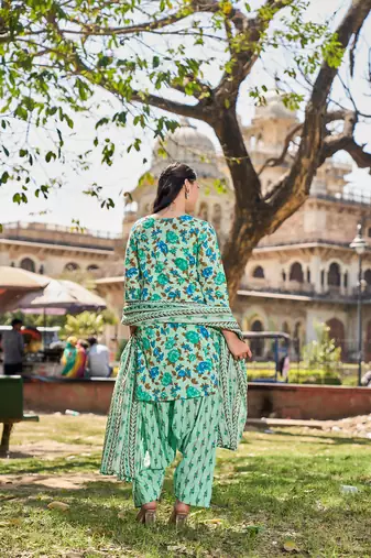 Yufta sea green floral sequins work a-line kurta salwar dupatta set