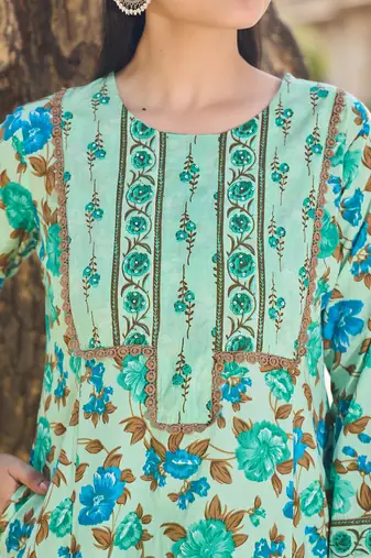 Yufta sea green floral sequins work a-line kurta salwar dupatta set