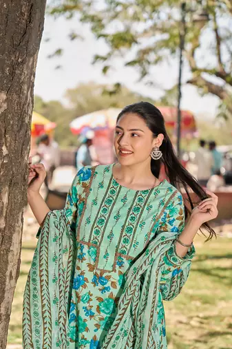 Yufta sea green floral sequins work a-line kurta salwar dupatta set