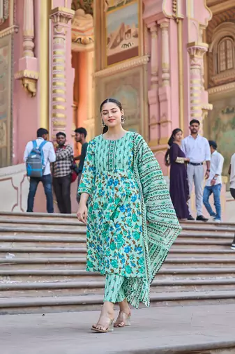 sea green anarkali pintuck detailing kurta trouser dupatta set