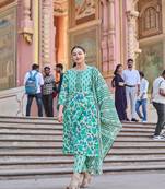 sea green anarkali pintuck detailing kurta trouser dupatta set