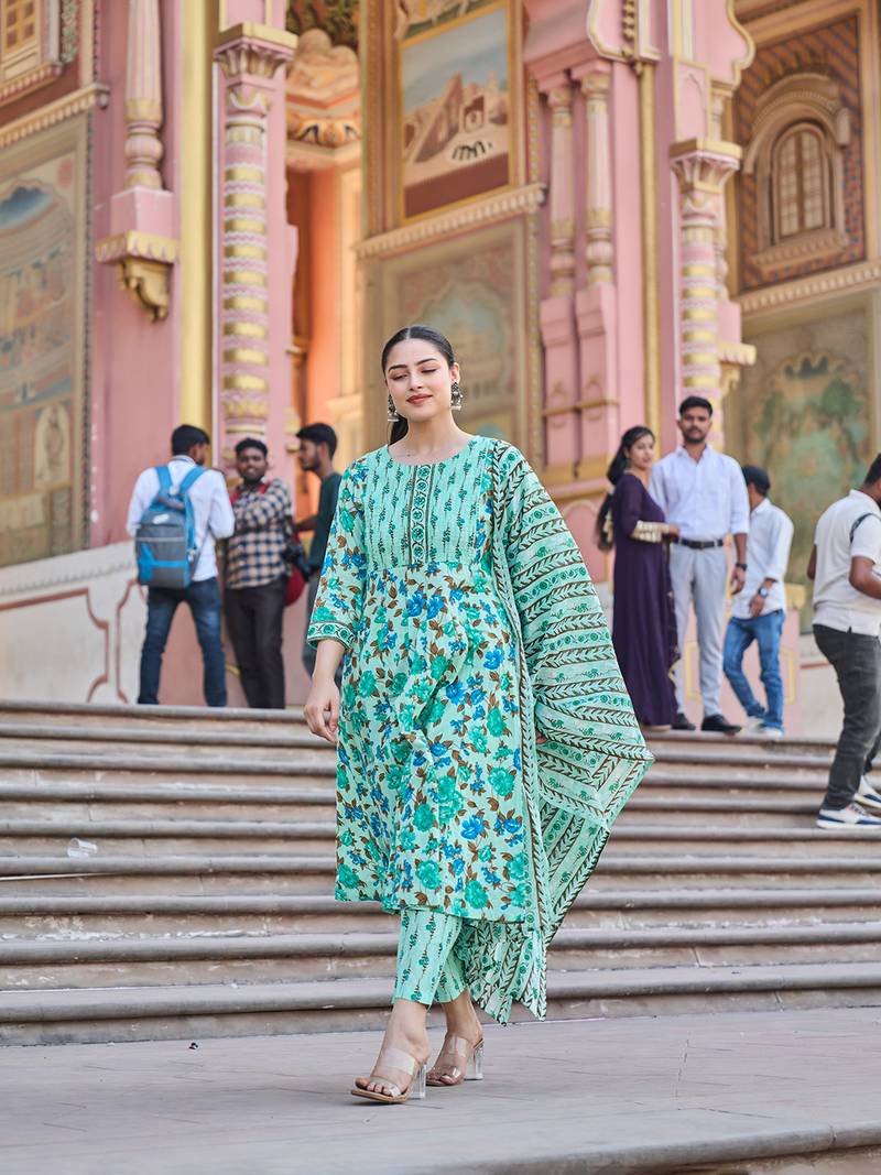 sea green anarkali pintuck detailing kurta trouser dupatta set
