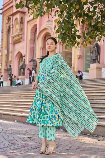 sea green anarkali pintuck detailing kurta trouser dupatta set