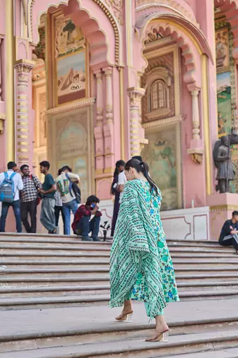 sea green anarkali pintuck detailing kurta trouser dupatta set