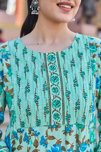 sea green anarkali pintuck detailing kurta trouser dupatta set