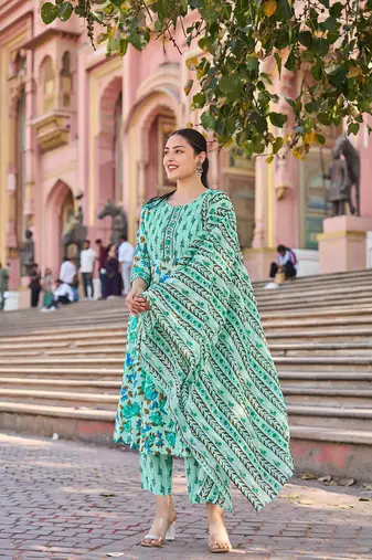 sea green anarkali pintuck detailing kurta trouser dupatta set