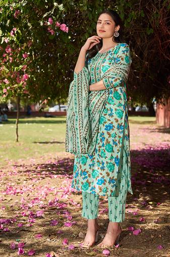 sea green floral sequins work straight kurta trouser dupatta set