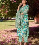 sea green floral sequins work straight kurta trouser dupatta set