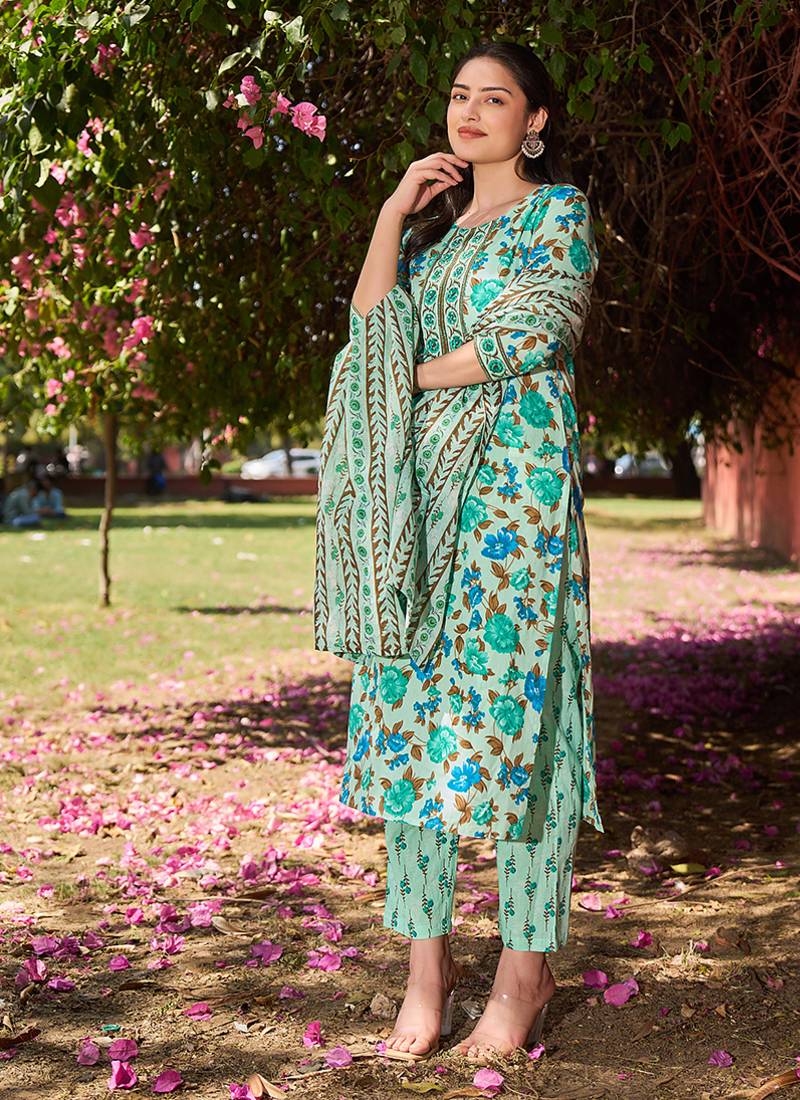 sea green floral sequins work straight kurta trouser dupatta set