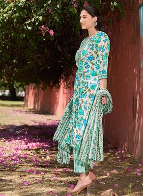 sea green floral sequins work straight kurta trouser dupatta set 2