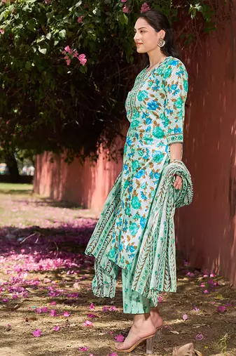 sea green floral sequins work straight kurta trouser dupatta set