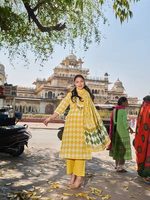 yellow floral straight thared work kurta trouser dupatta set 1