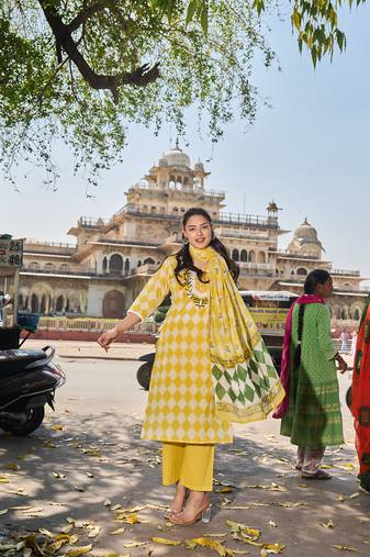 yellow floral straight thared work kurta trouser dupatta set
