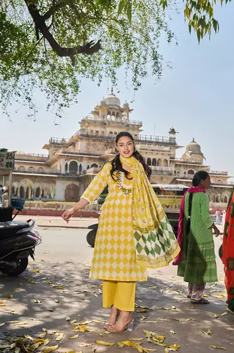 yellow floral straight thared work kurta trouser dupatta set