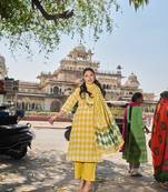 yellow floral straight thared work kurta trouser dupatta set