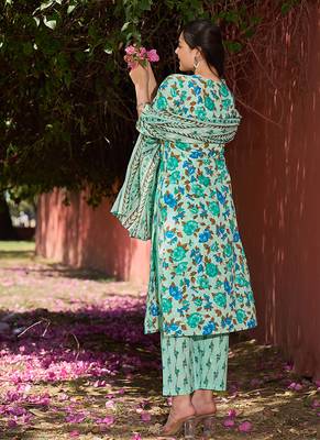 sea green floral sequins work straight kurta trouser dupatta set 3
