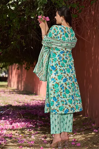 sea green floral sequins work straight kurta trouser dupatta set
