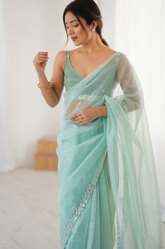 Mint net embellished saree with unstitched blouse piece.