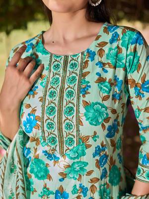 sea green floral sequins work straight kurta trouser dupatta set 4