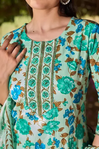 sea green floral sequins work straight kurta trouser dupatta set