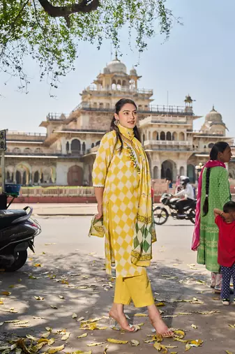 yellow floral straight thared work kurta trouser dupatta set