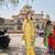 yellow floral straight thared work kurta trouser dupatta set
