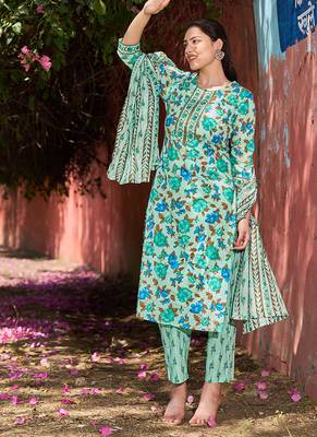 sea green floral sequins work straight kurta trouser dupatta set 5