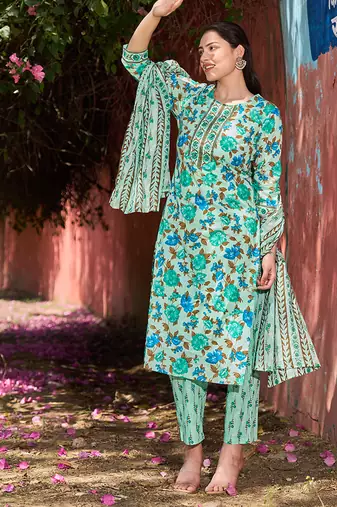 sea green floral sequins work straight kurta trouser dupatta set