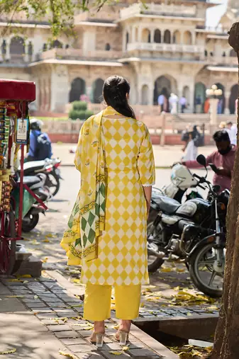 yellow floral straight thared work kurta trouser dupatta set