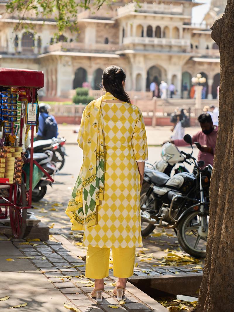 yellow floral straight thared work kurta trouser dupatta set