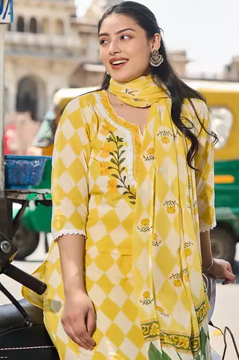 yellow floral straight thared work kurta trouser dupatta set