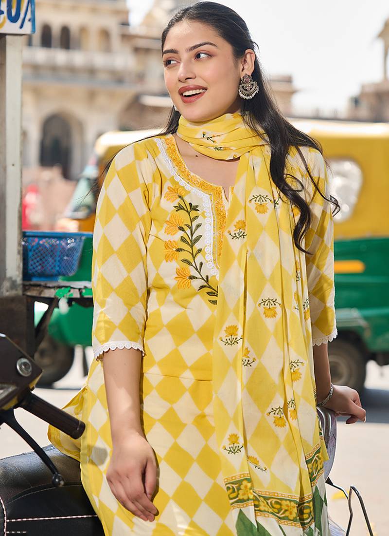 yellow floral straight thared work kurta trouser dupatta set