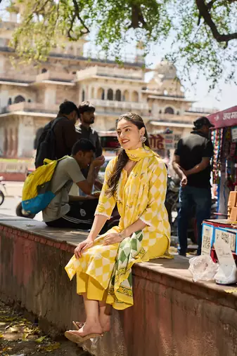 yellow floral straight thared work kurta trouser dupatta set