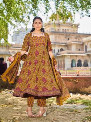 mustard cotton kalidaar style kurta pant dupatta set 1