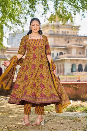 mustard cotton kalidaar style kurta pant dupatta set