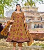 mustard cotton kalidaar style kurta pant dupatta set