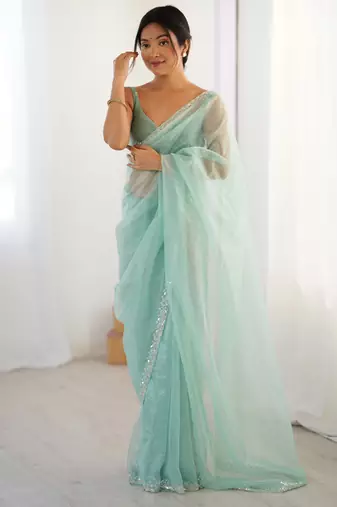 Mint net embellished saree with unstitched blouse piece.