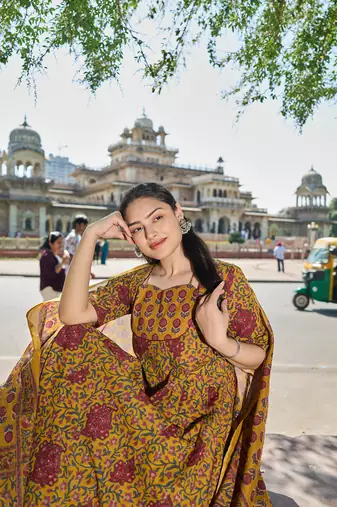 mustard cotton kalidaar style kurta pant dupatta set