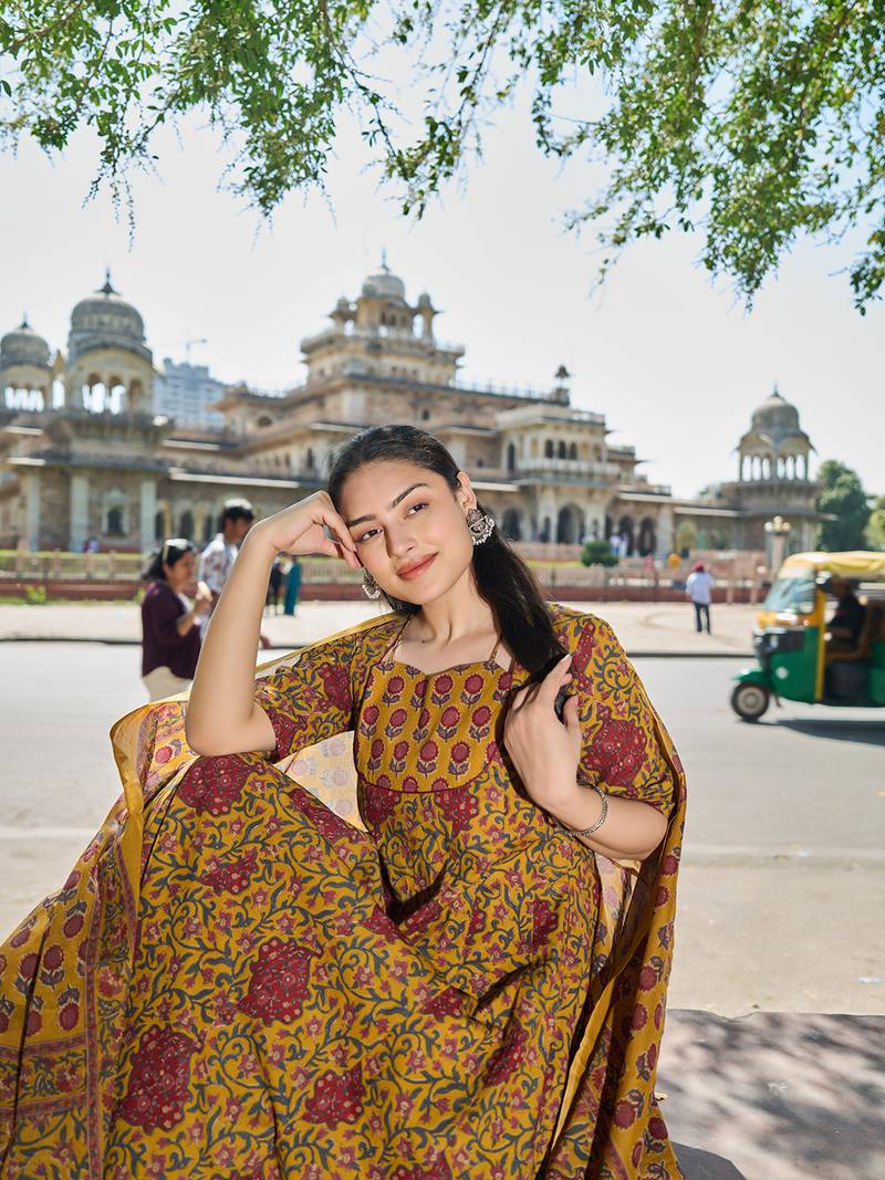 mustard cotton kalidaar style kurta pant dupatta set