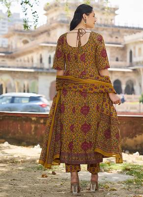 mustard cotton kalidaar style kurta pant dupatta set 3