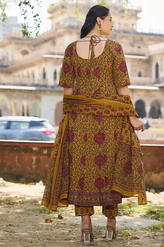 mustard cotton kalidaar style kurta pant dupatta set