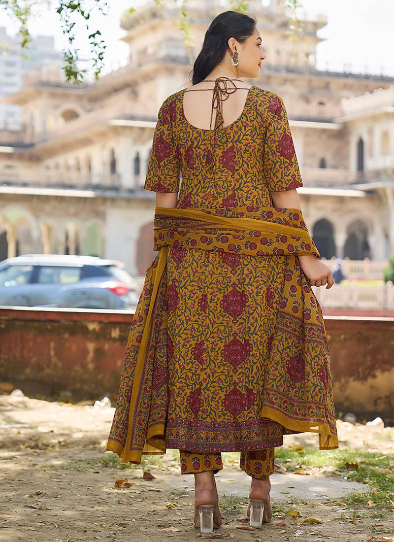 mustard cotton kalidaar style kurta pant dupatta set