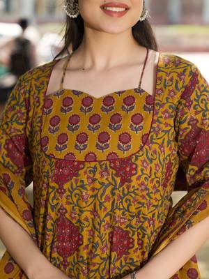mustard cotton kalidaar style kurta pant dupatta set 4
