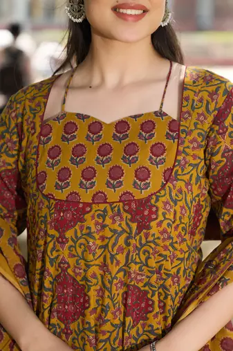 mustard cotton kalidaar style kurta pant dupatta set