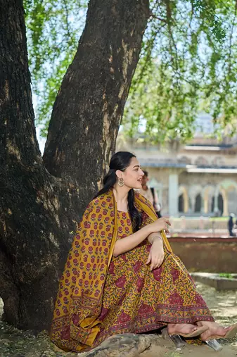 mustard cotton kalidaar style kurta pant dupatta set